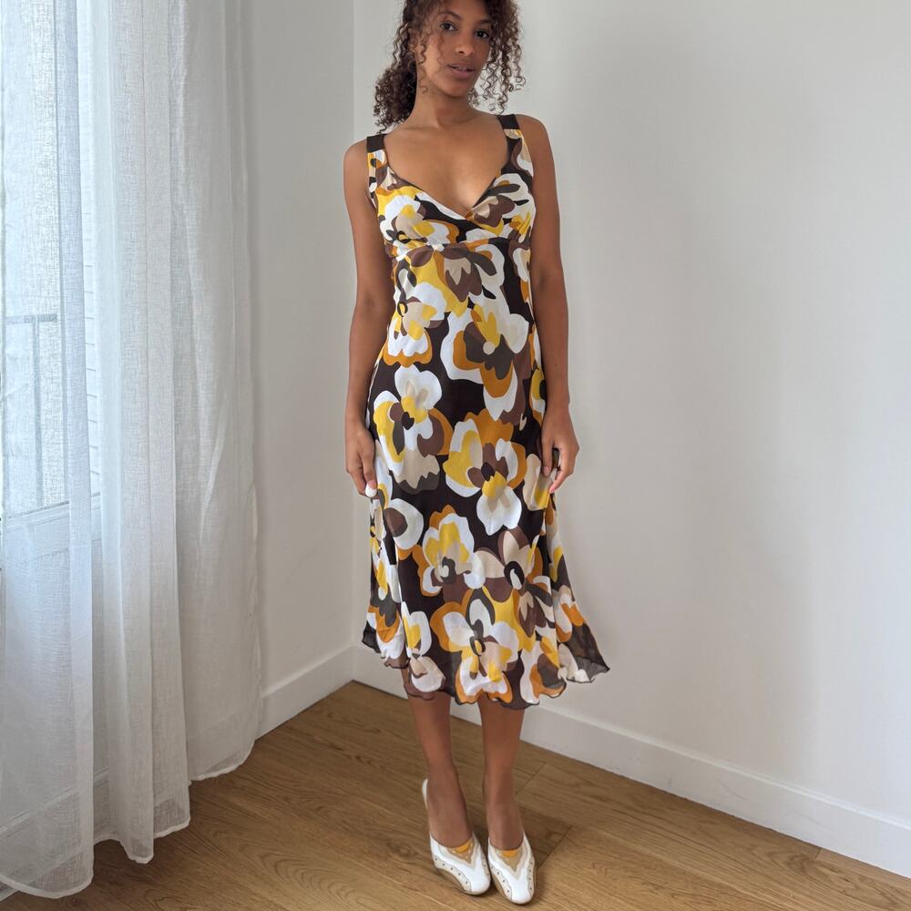 Vintage euro Y2K brown cream mustard floral mesh midi slip dress (S/M)